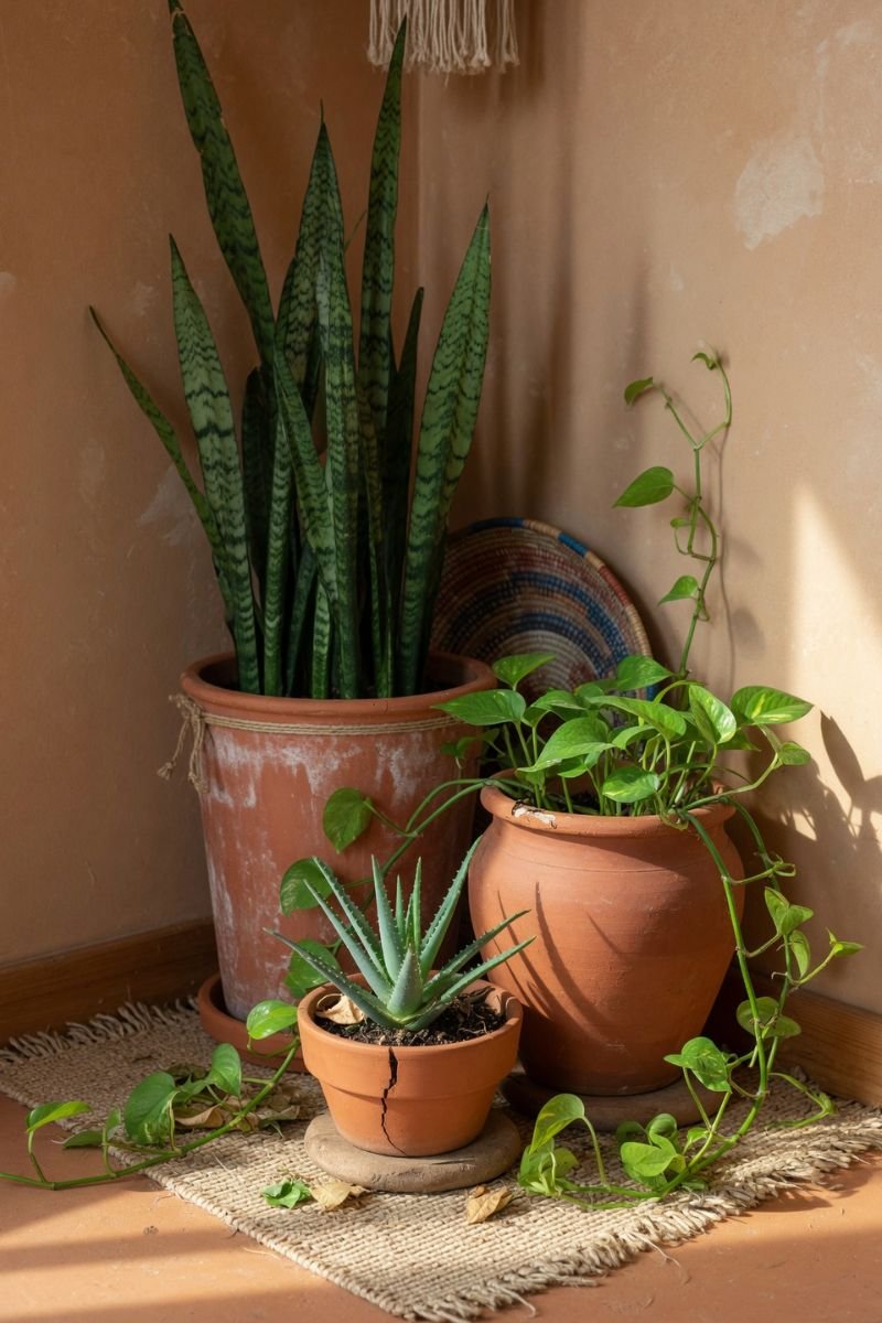 Three terracotta pots with snake plant pothos and succulent in an African boho living room corner
