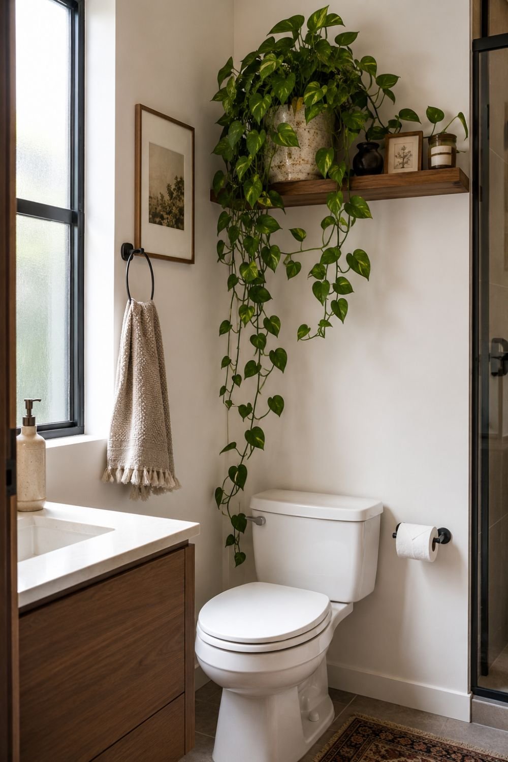 Trailing pothos plant in ceramic planter on floating shelf above toilet