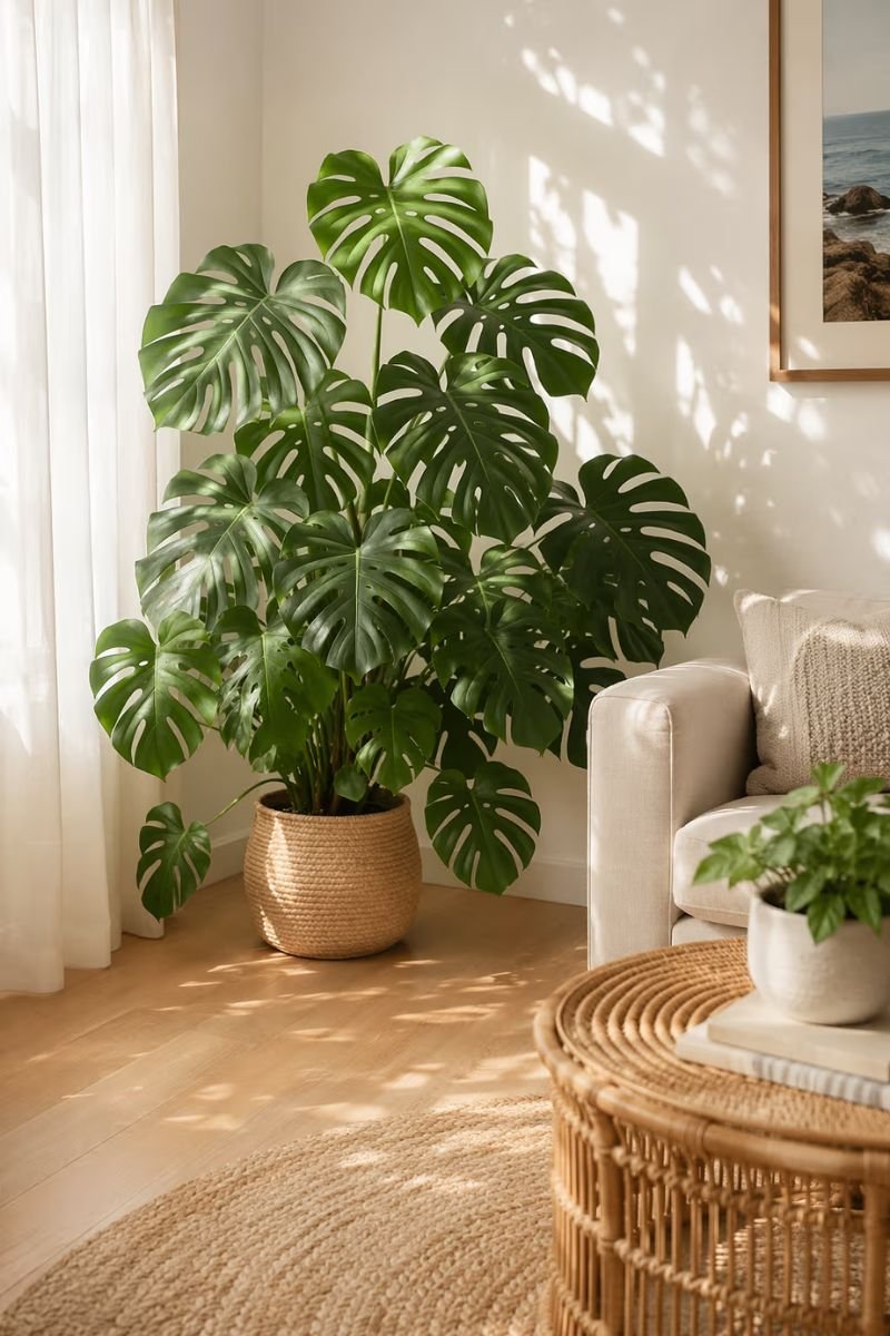 Tropical green plant in corner of a bright breezy summer living room