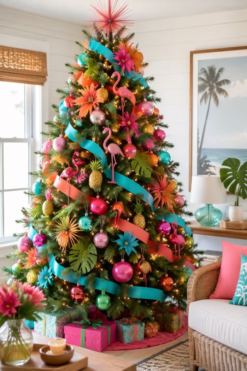 Tropical themed Christmas tree with pink orange and turquoise ornaments flamingo and pineapple decorations