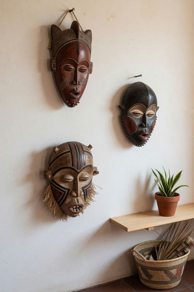 Two carved wooden African masks arranged on a white wall with space between them