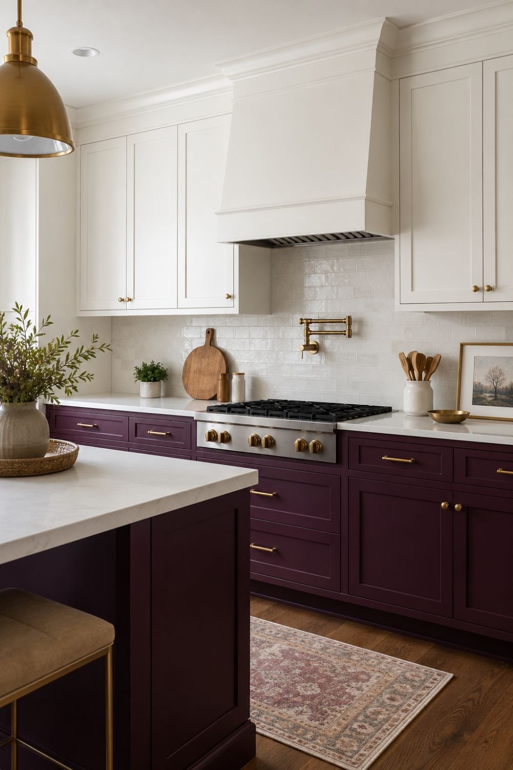 Two-tone kitchen with aubergine lower cabinets and white uppers