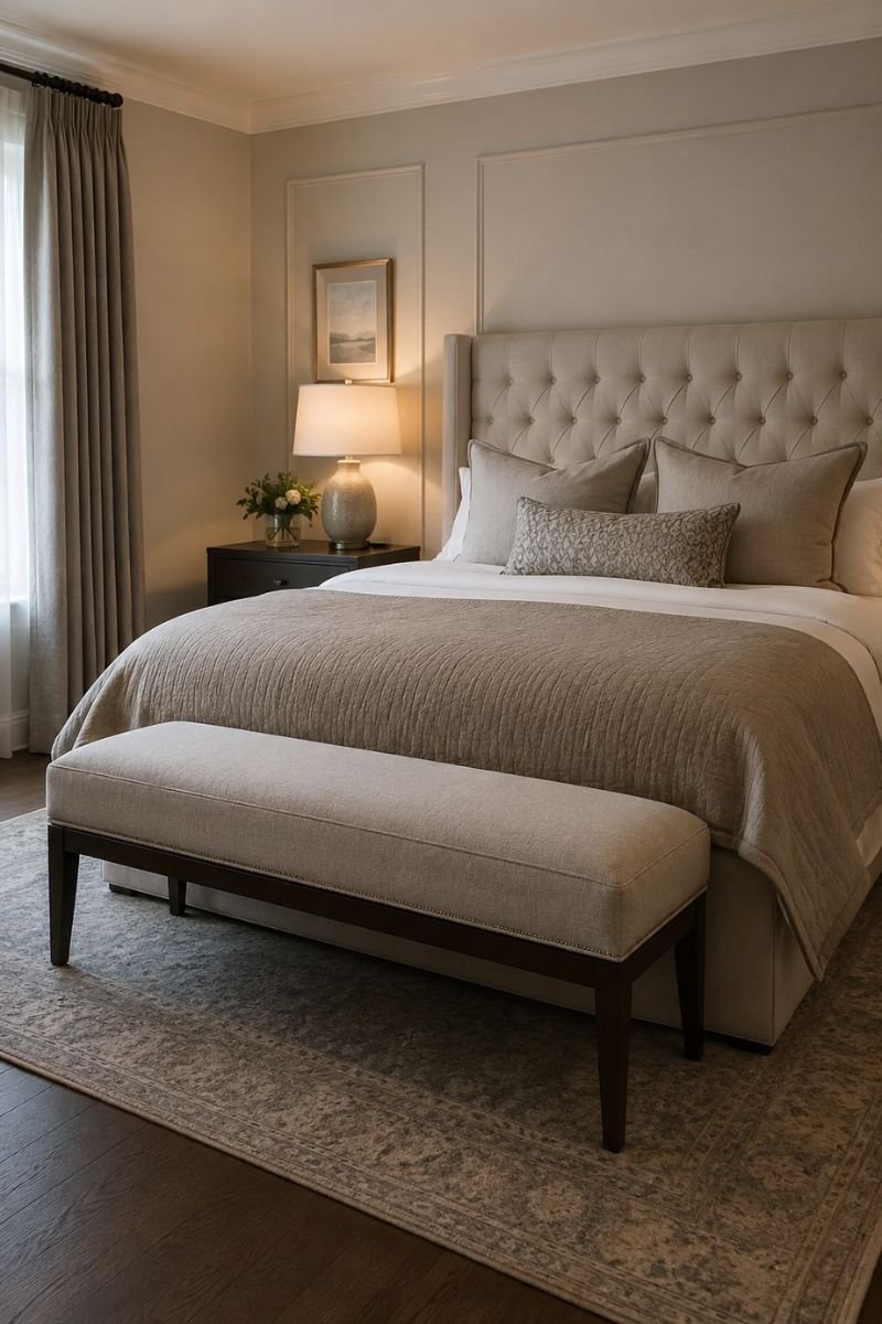 Upholstered bench at the foot of a bed in a luxury hotel style bedroom