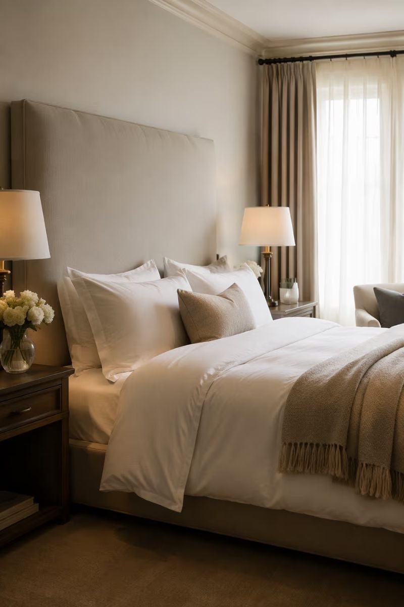 Upholstered linen headboard on a cozy luxury hotel style bedroom bed