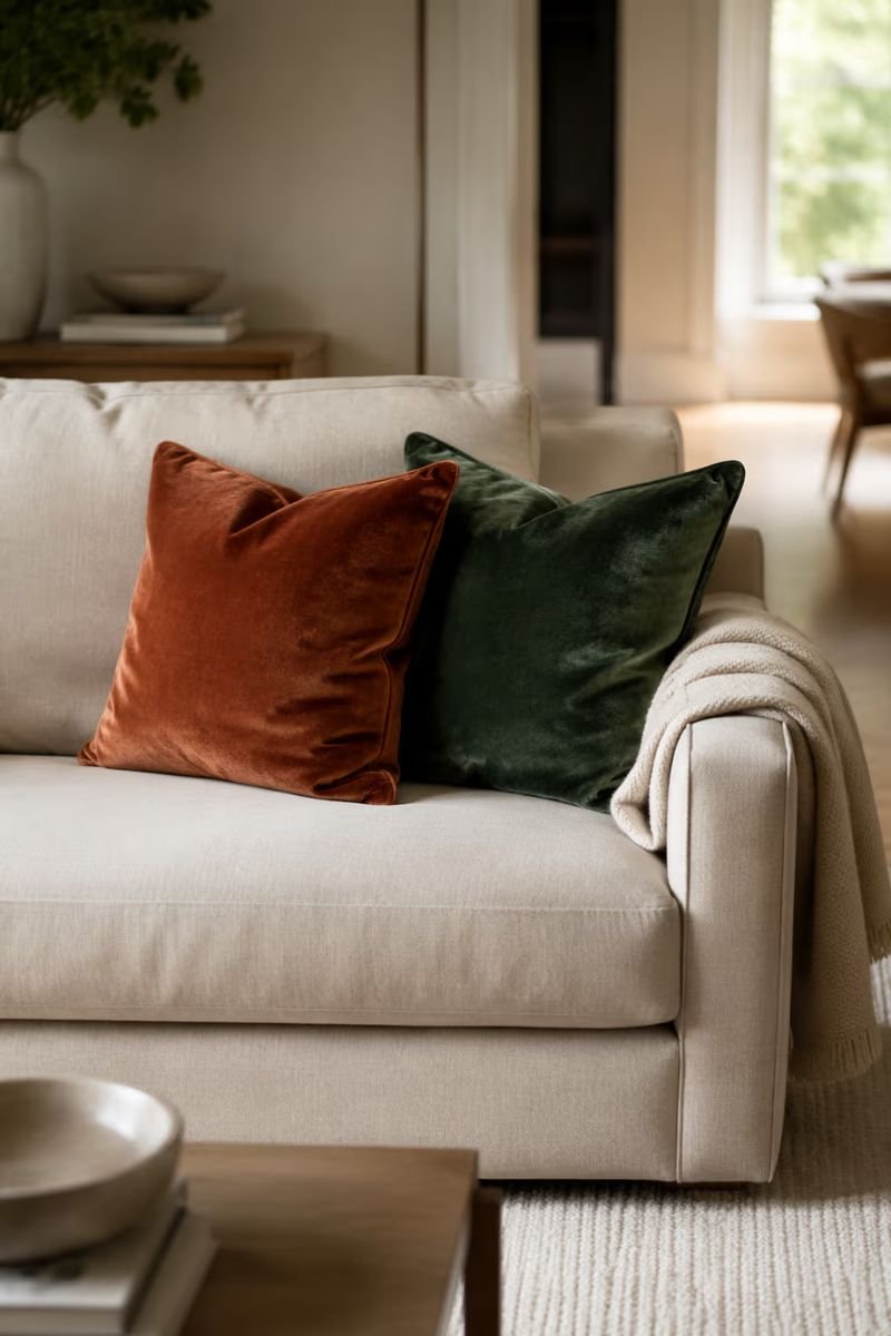 Velvet accent pillow in rust tone on a fall living room sofa