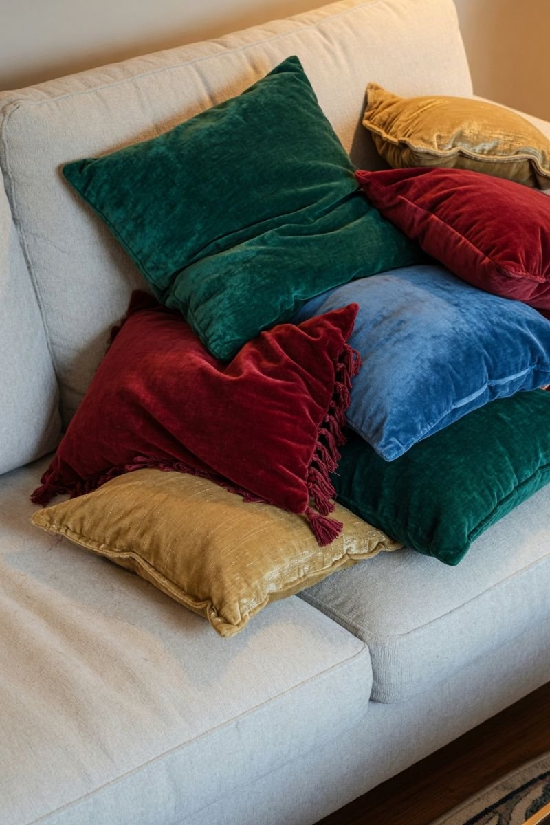 Velvet throw pillows in red emerald and gold on a neutral sofa