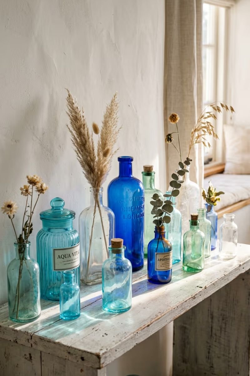 Vintage blue and clear glass bottles as coastal porch decor