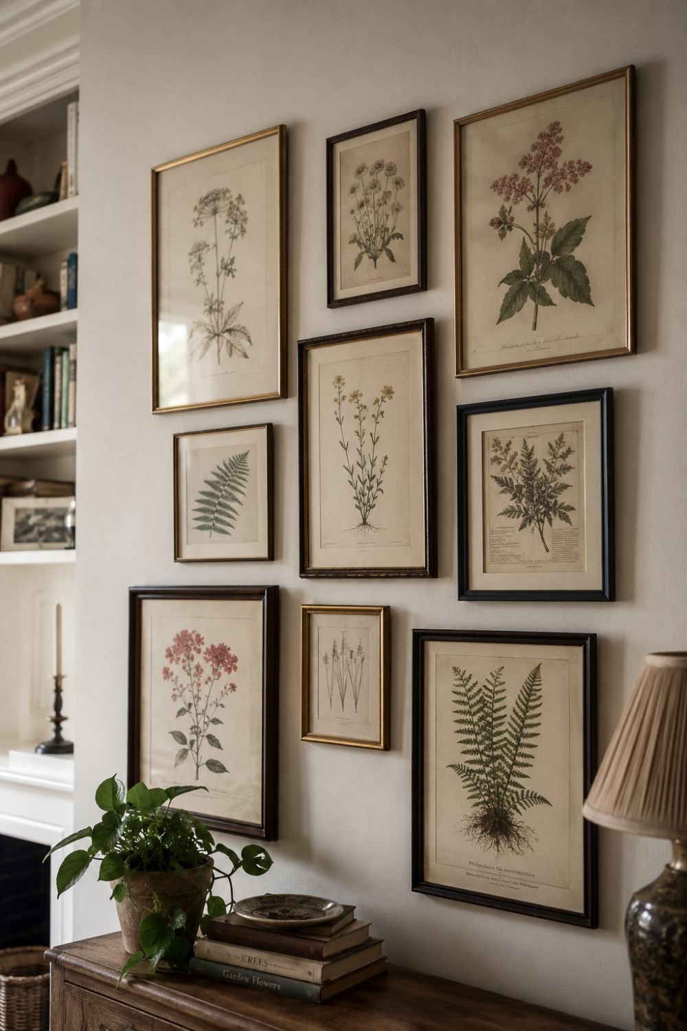 Vintage botanical prints in simple frames creating cottagecore gallery wall