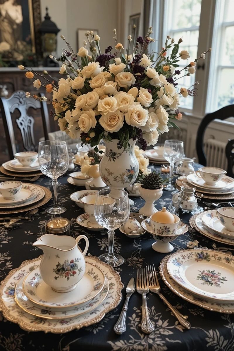 Vintage china mismatched cream floral black tablecloth elegant Halloween table setting