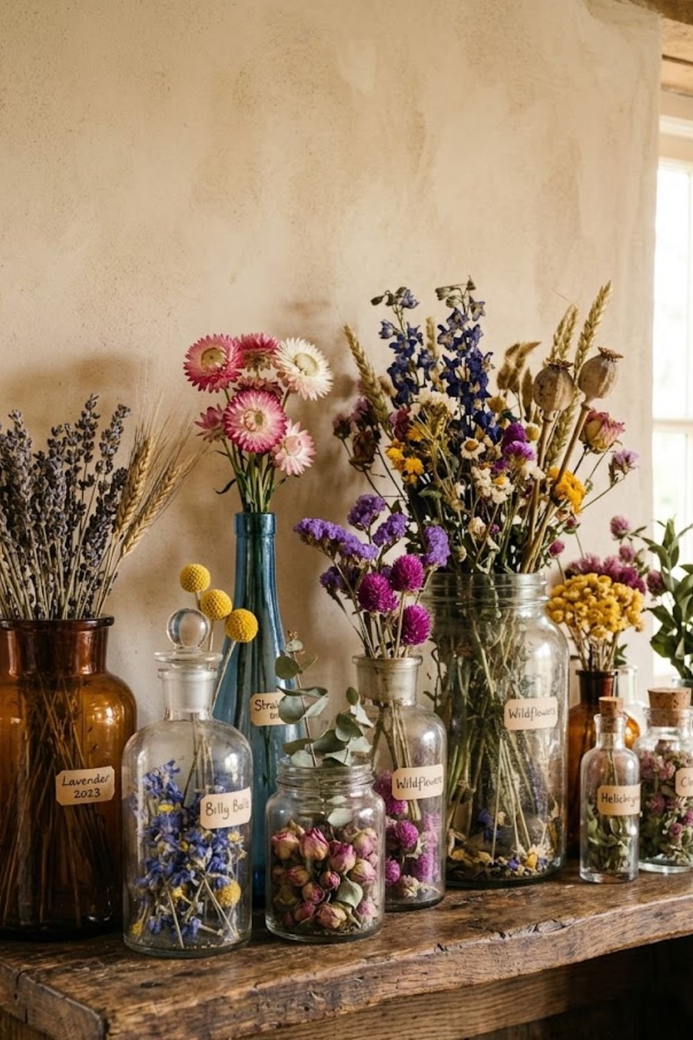 Vintage glass jars with dried flowers on wooden cottage shelf
