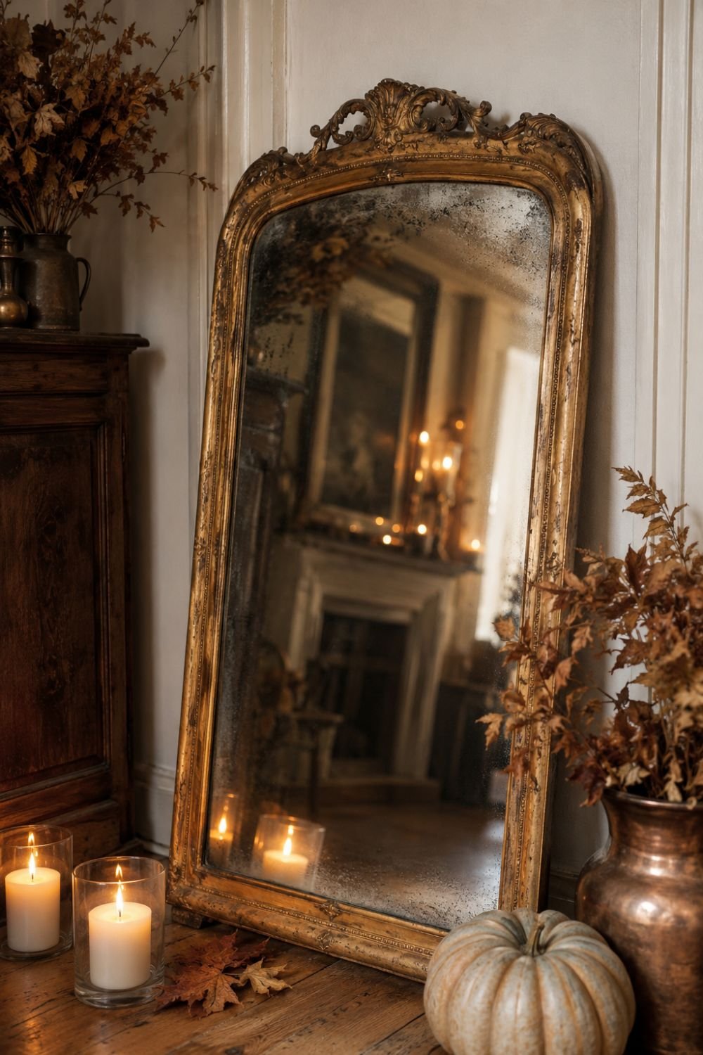 Vintage ornate mirror with worn frame creating cottagecore focal point