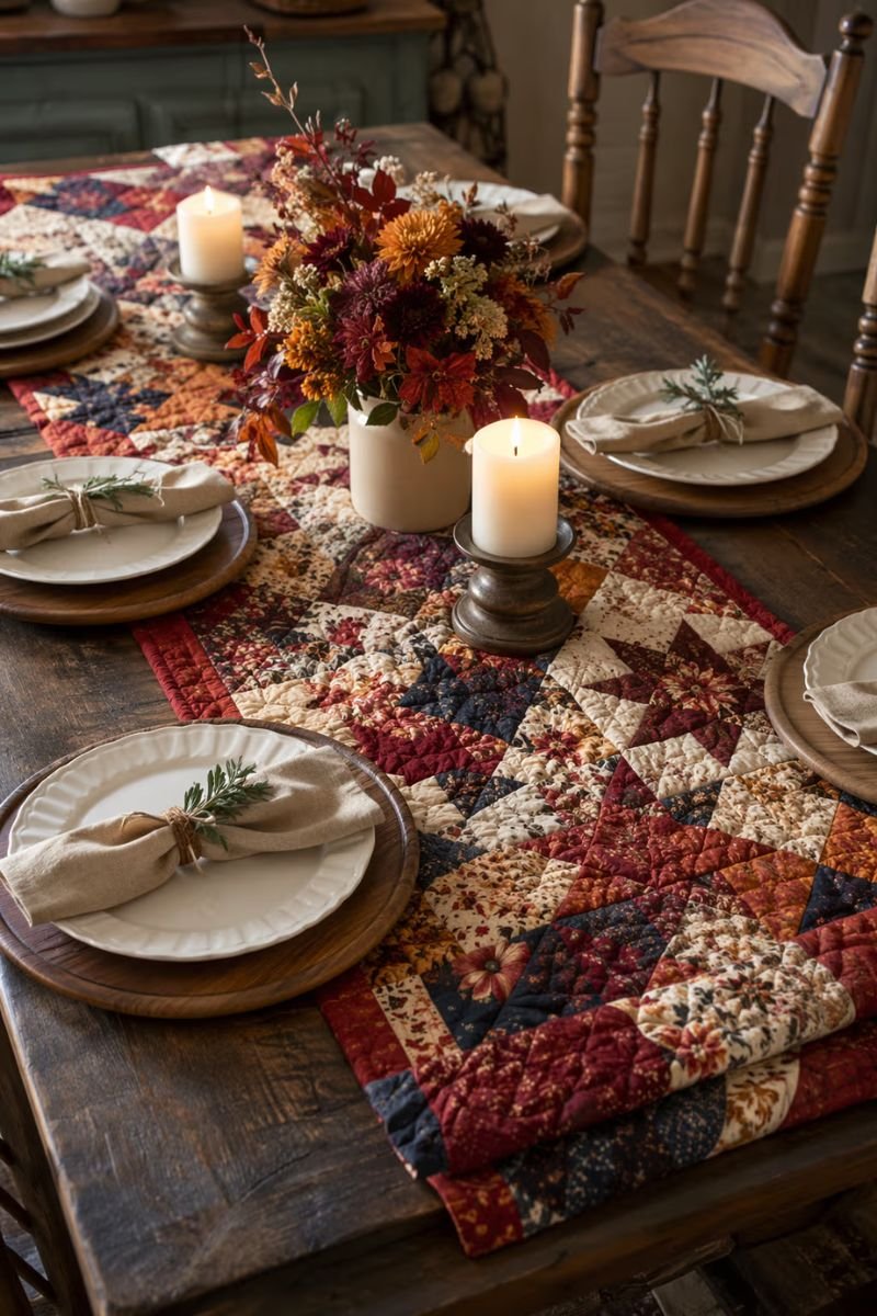 Vintage quilt table runner farmhouse Thanksgiving table white plates wooden chargers