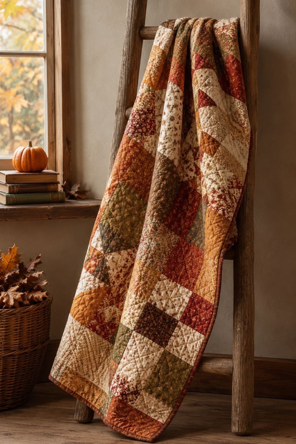 Vintage quilt with patchwork patterns draped in cottagecore room
