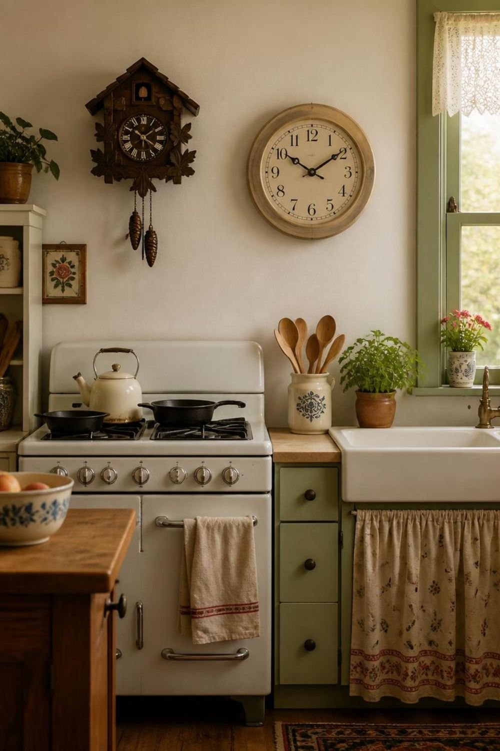 Vintage round wall clock in cream wood frame hung above a kitchen stove