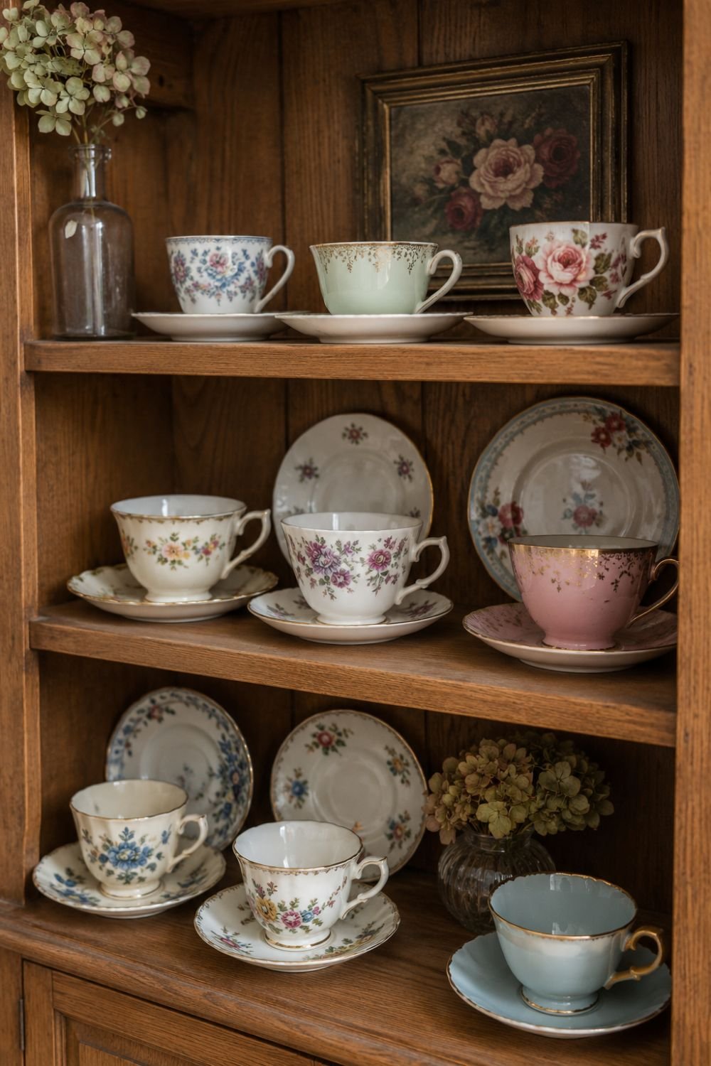 Vintage teacups and dishes displayed in cottagecore cabinet or shelf