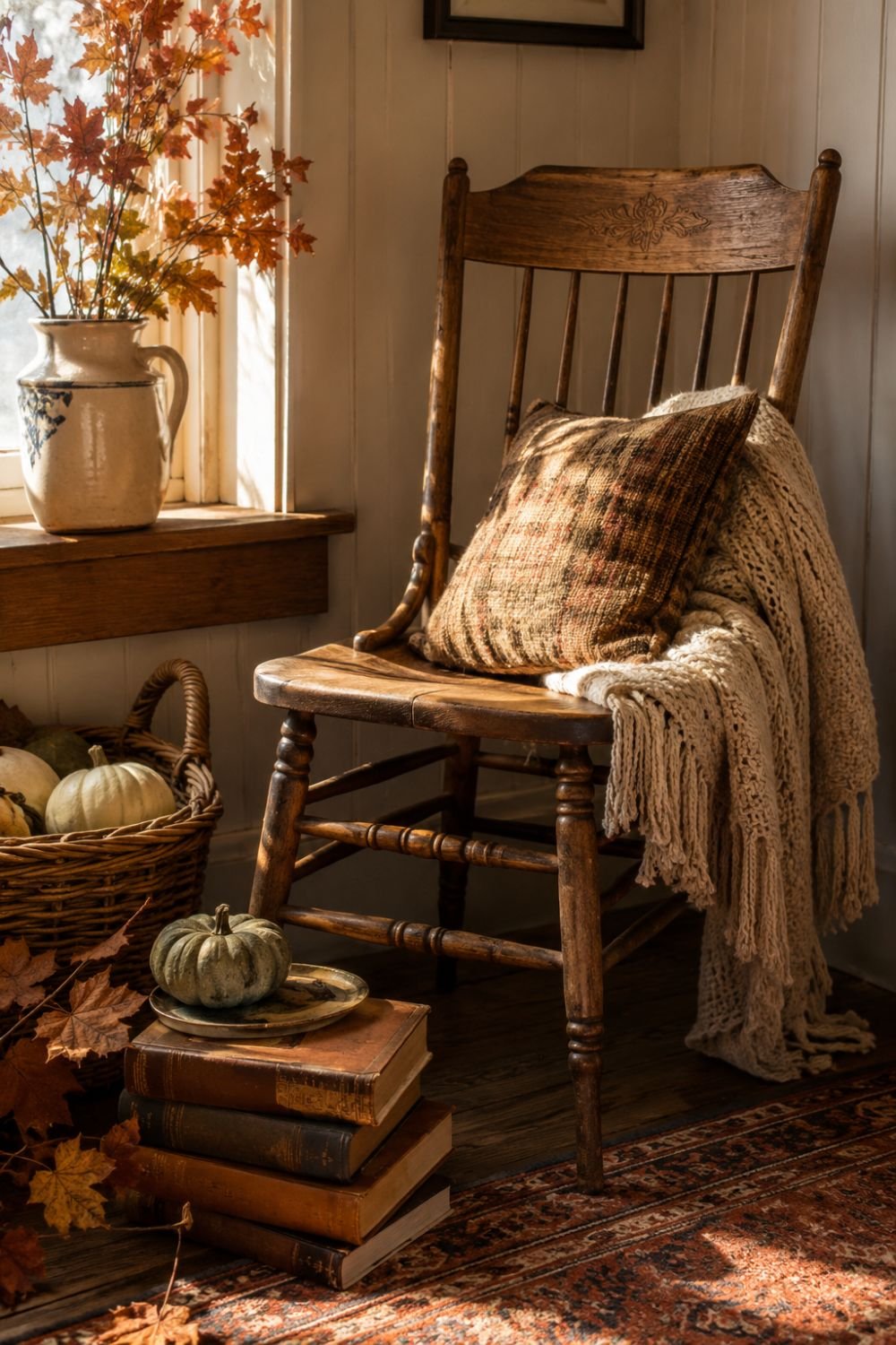 Vintage wooden chair with worn character in cottagecore room