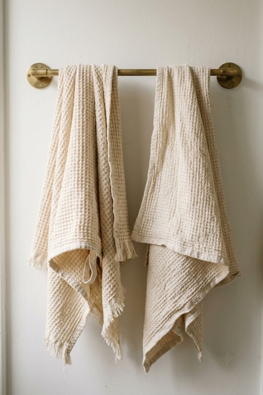 Waffle linen towels in cream draped over a bathroom towel bar in a spa style bathroom