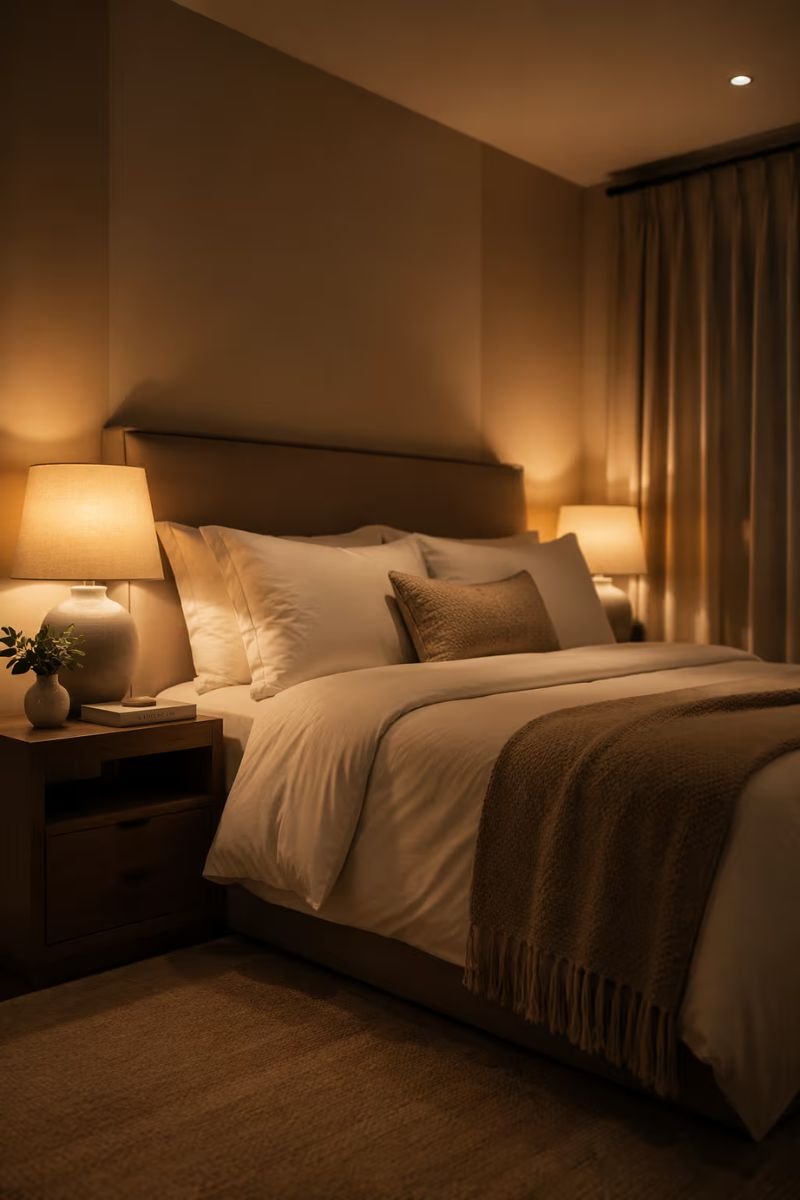 Warm amber dimmer lighting creating a cozy hotel atmosphere in a bedroom
