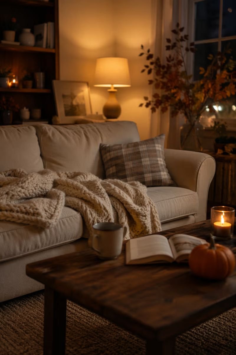 Warm amber living room lighting creating a cozy fall atmosphere