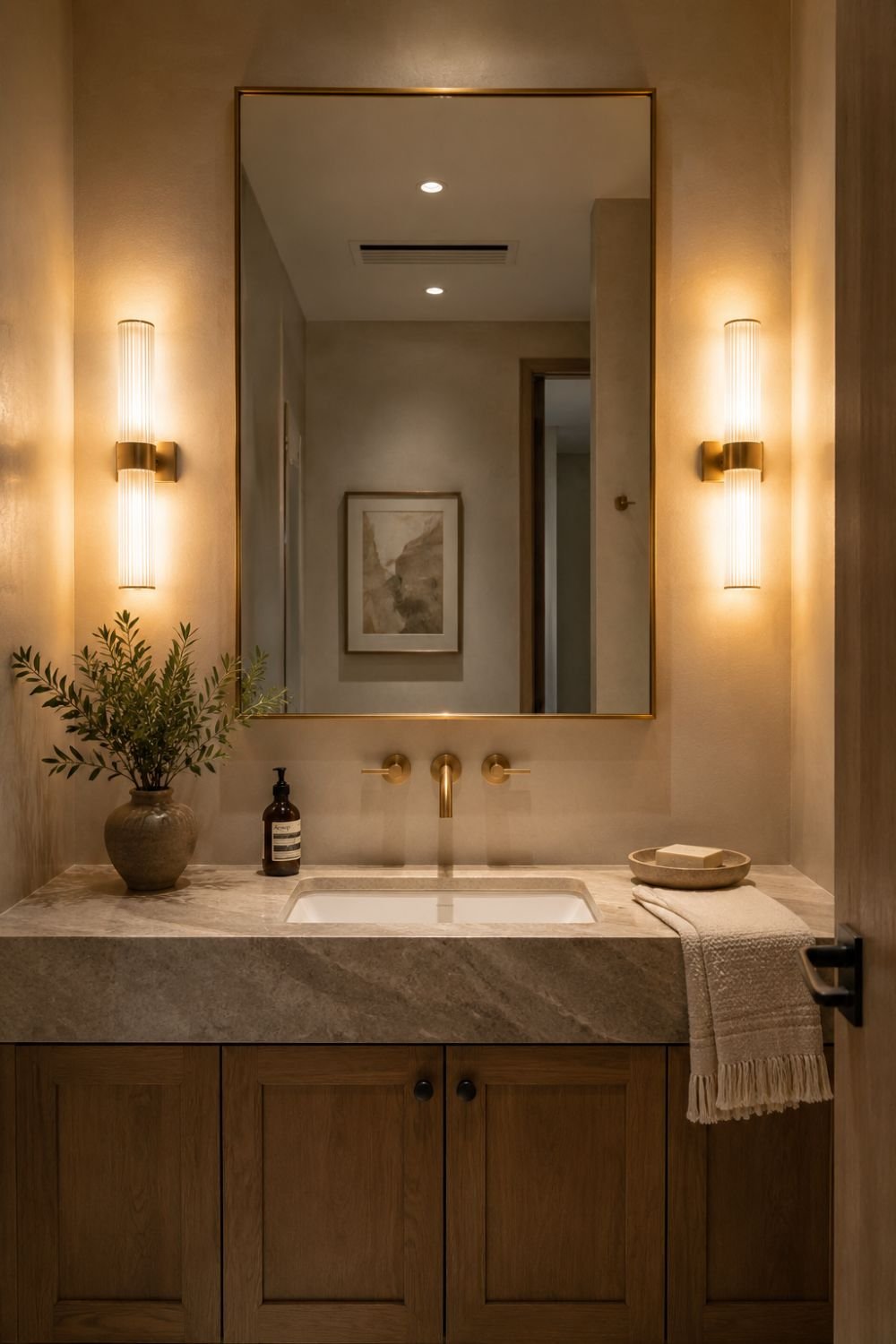 Warm dimmable lighting with brass sconces on either side of bathroom mirror