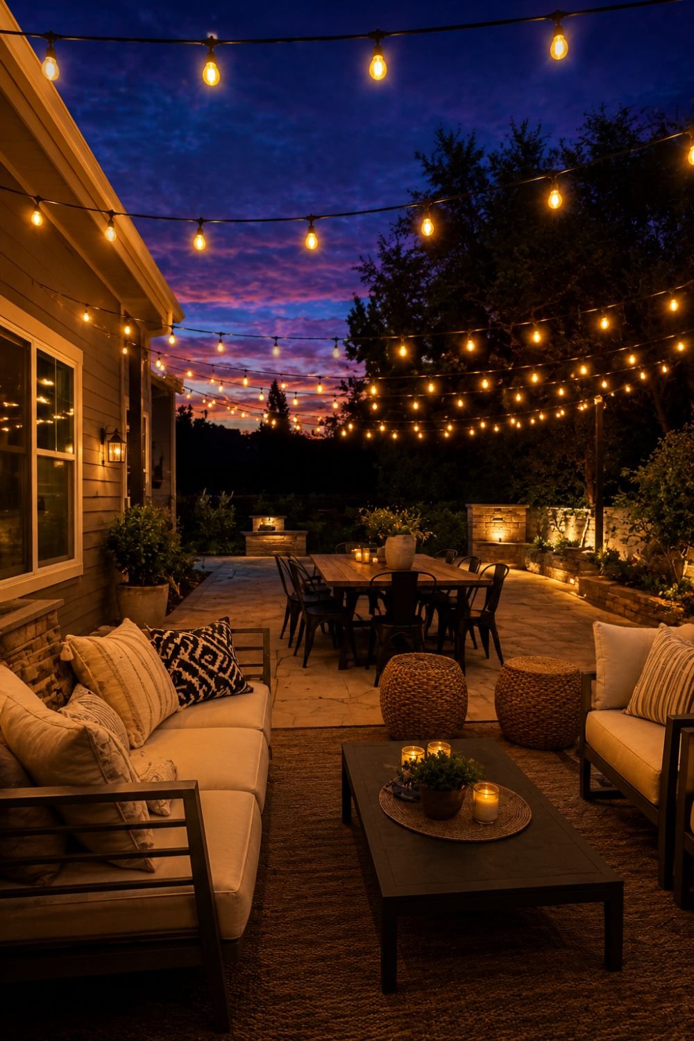 Warm string lights overhead creating ambient glow on patio at dusk