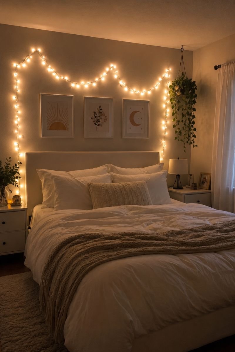 Warm white fairy lights strung above bed in minimalist Y2K bedroom