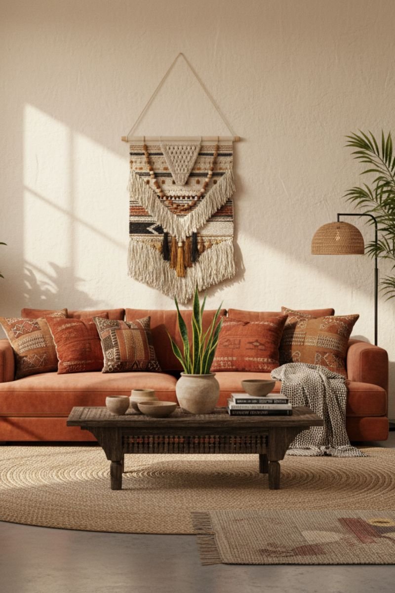 Warm white plaster painted walls in an African boho living room with earthy furnishings
