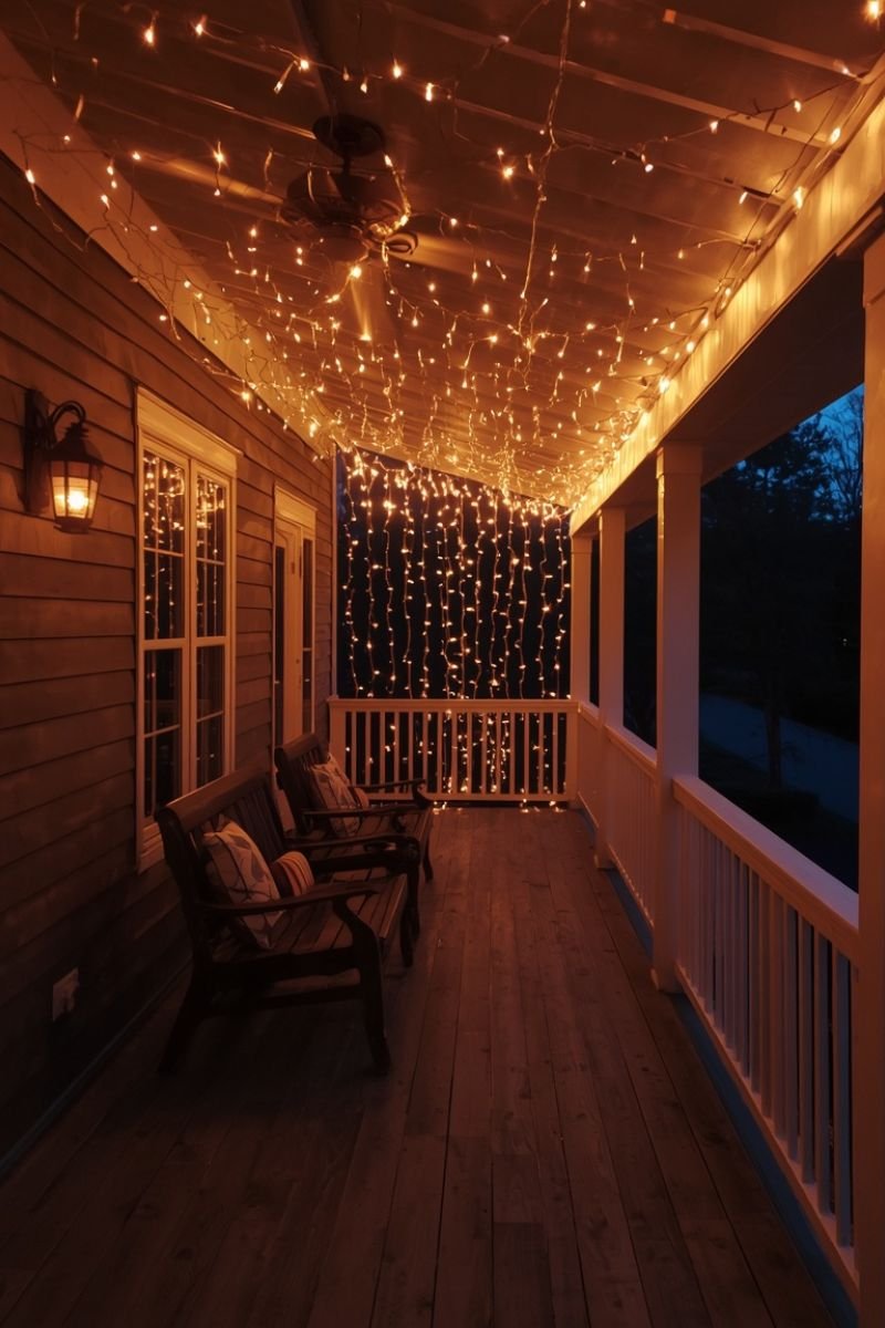 Warm white string lights draped across a coastal porch ceiling