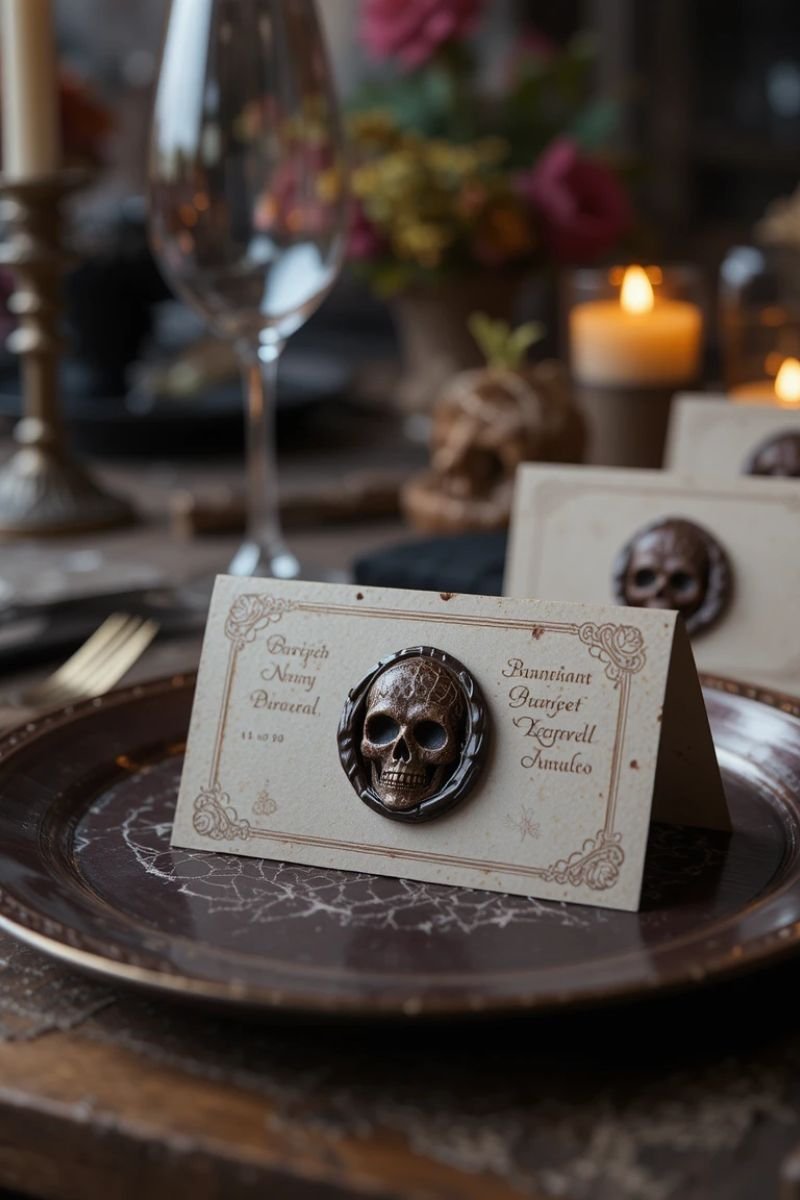 Wax seal place cards skull moon motif black cream card elegant Halloween table
