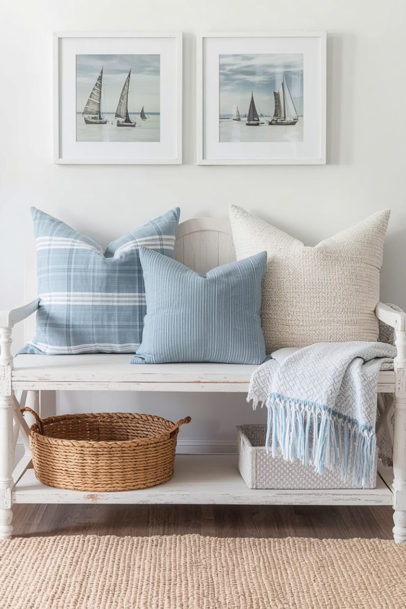 Weathered wood bench with nautical pillows on a coastal porch