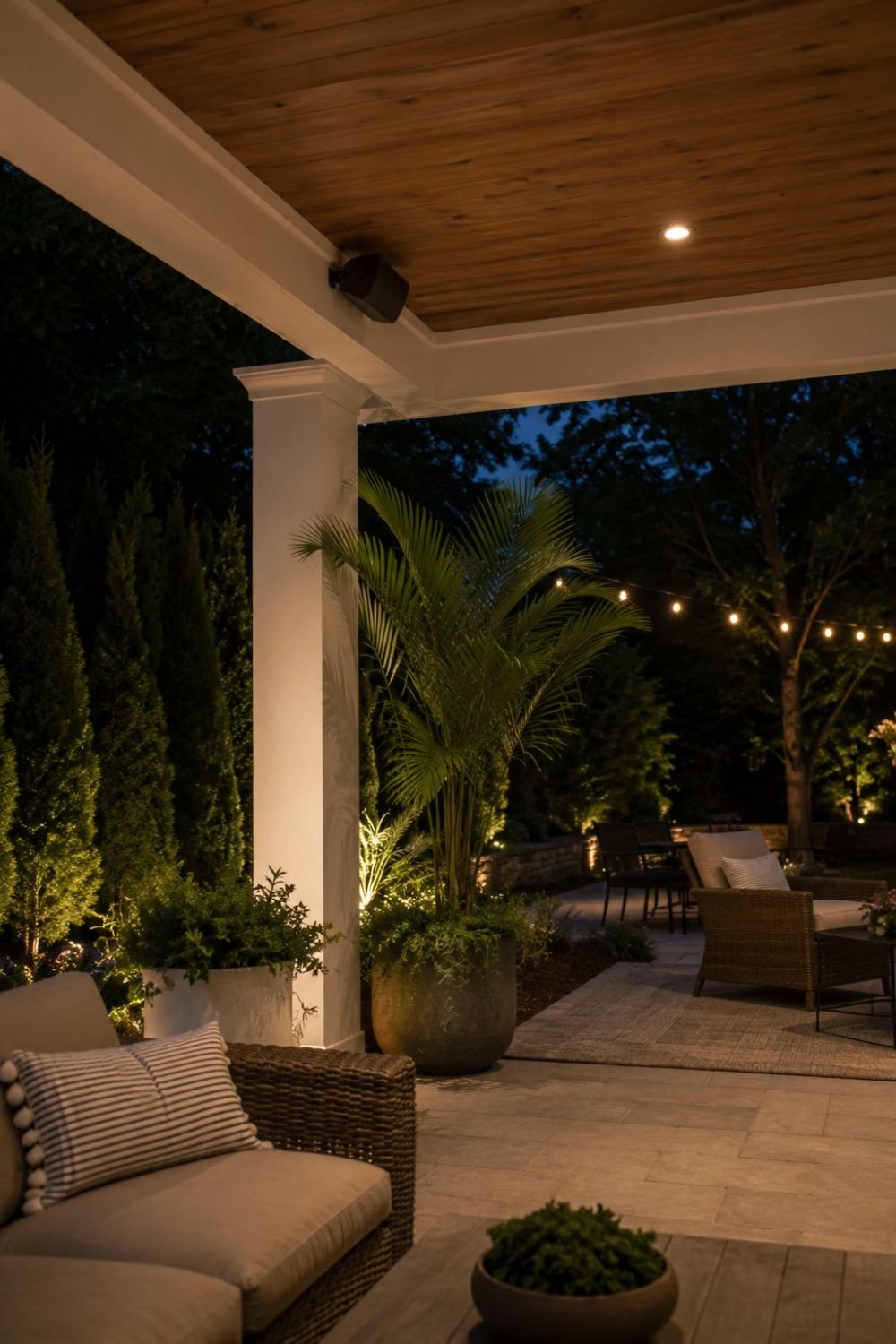 Weatherproof outdoor speakers on patio creating ambient music