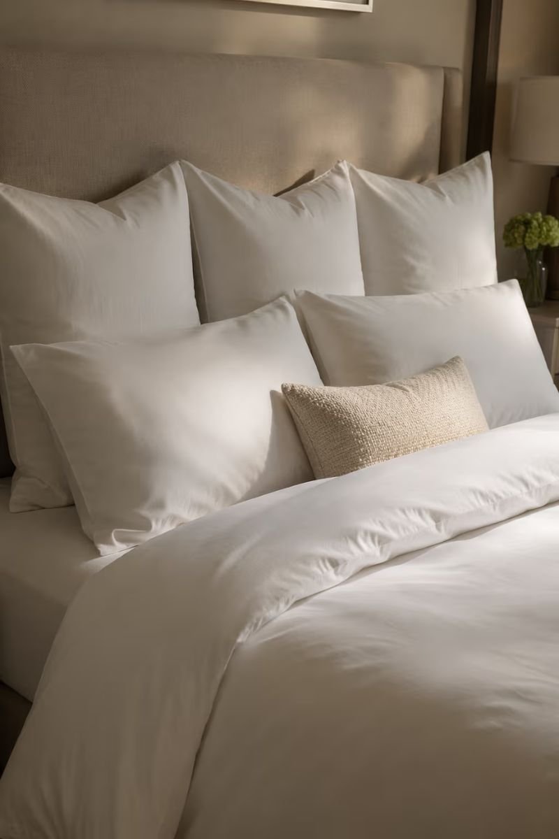 White Euro shams in hotel style pillow arrangement on a luxury bedroom bed