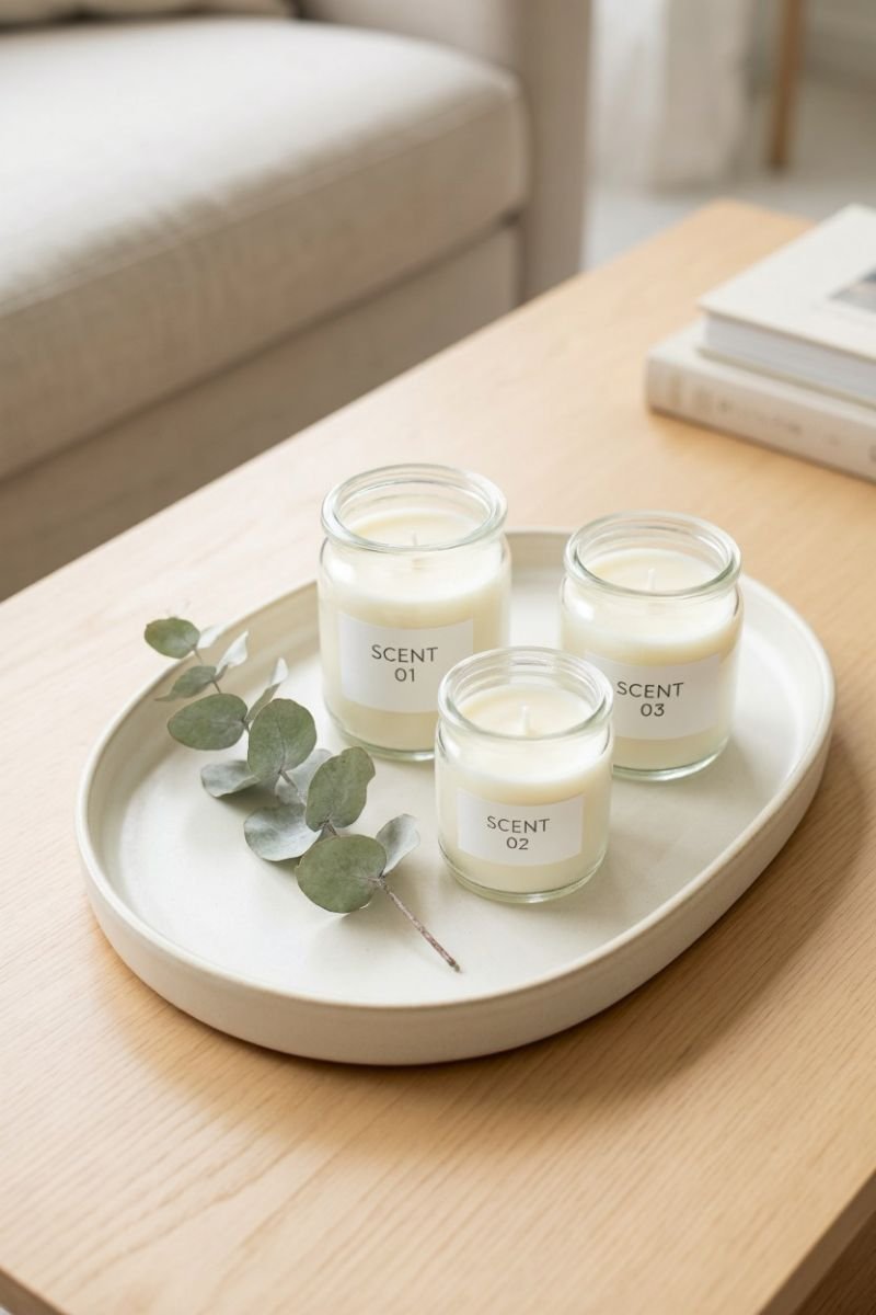 White candles in simple jars on a small tray with eucalyptus on a counter