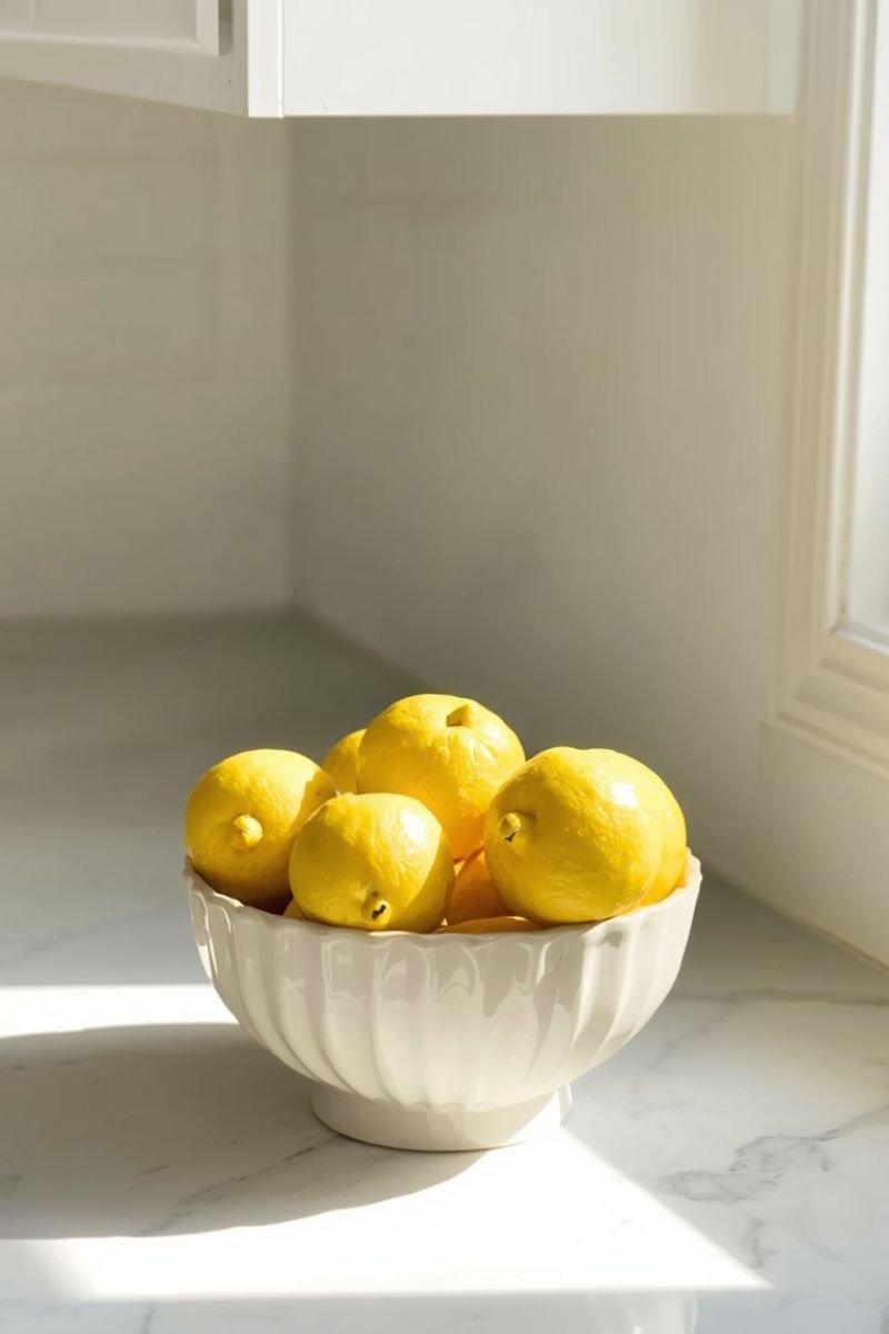 White ceramic bowl of yellow lemons on a kitchen counter in natural light
