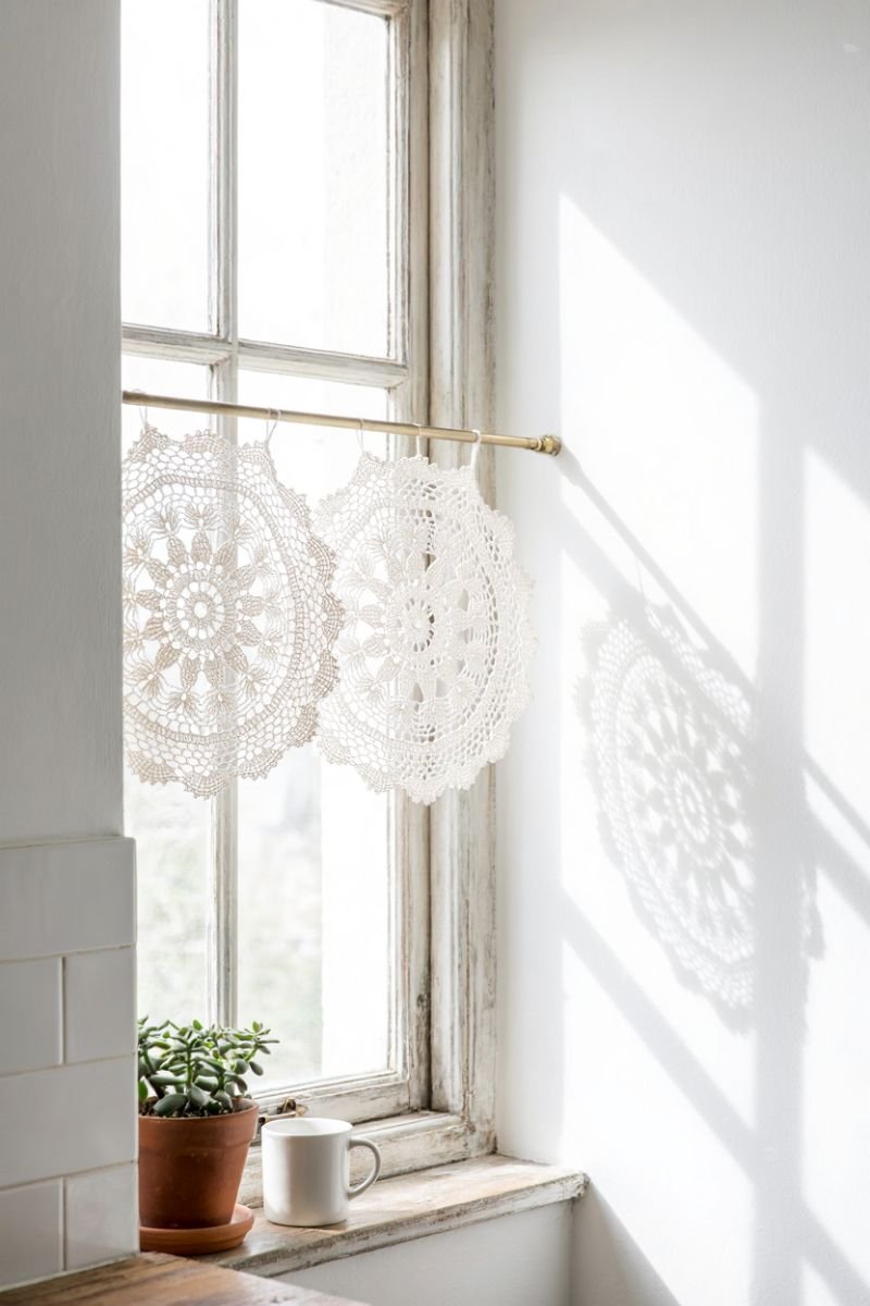 White doilies hung in a small window filtering natural light like lace curtains