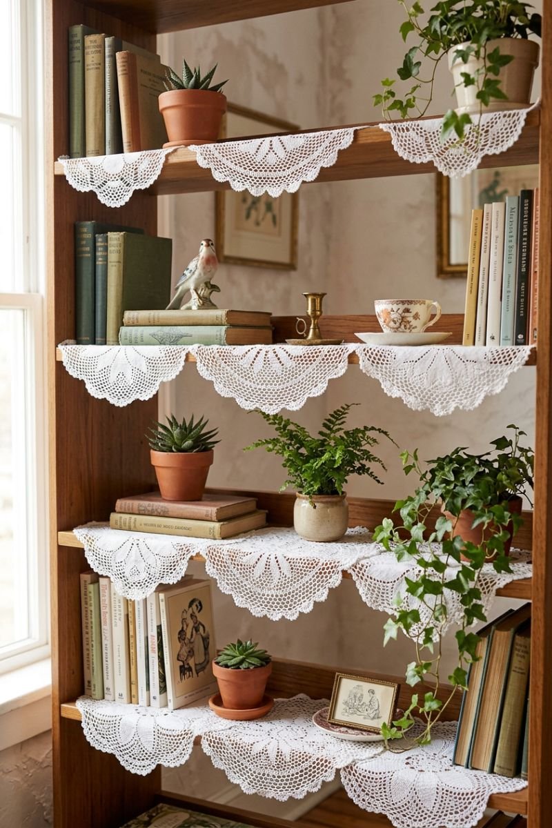 White doilies lining the edges of a wooden open bookshelf with books and plants