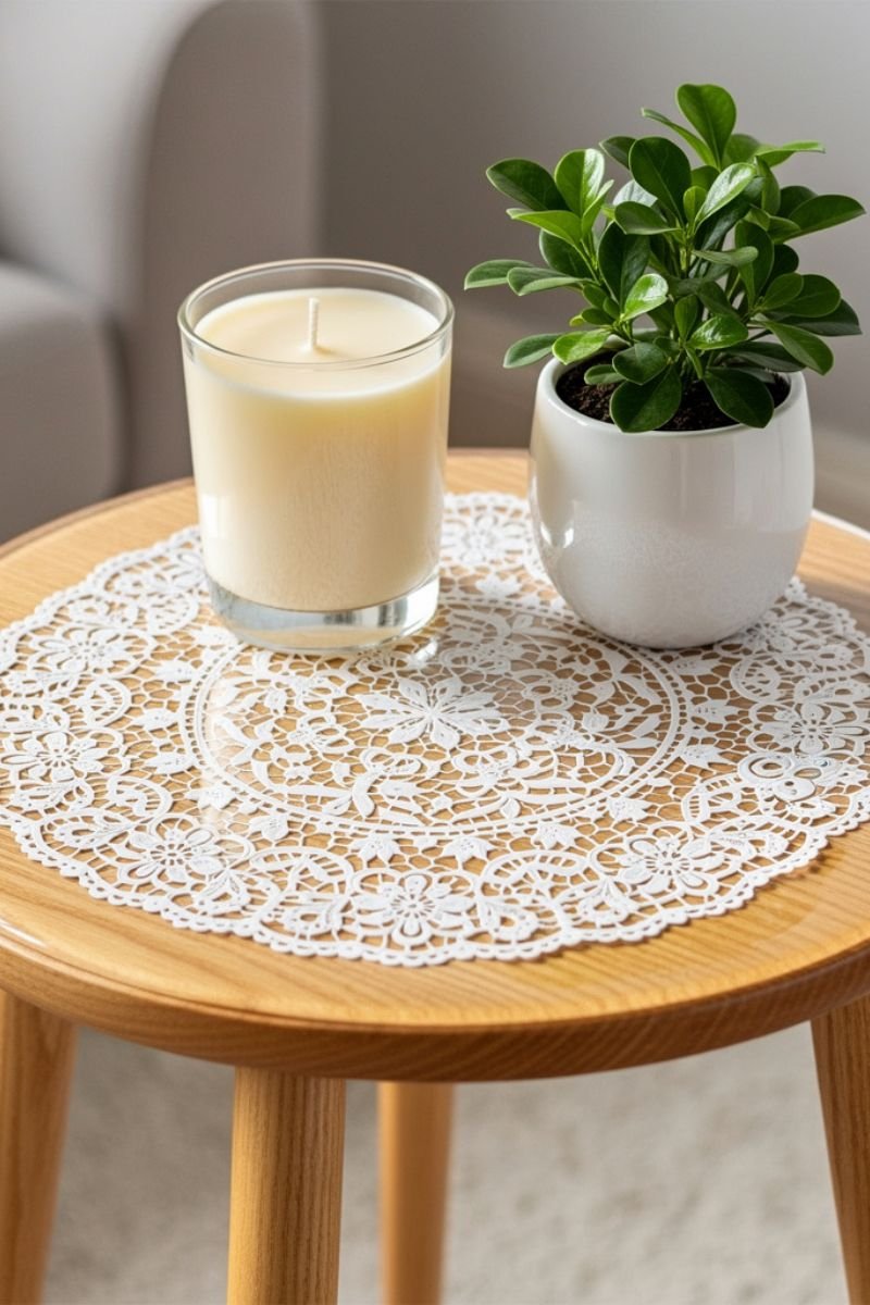 White doily decoupaged onto the top of a small round wooden side table