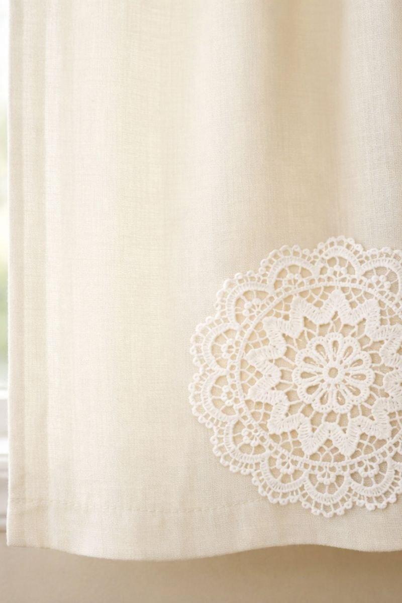 White doily fused onto the corner of a cream curtain panel near a window
