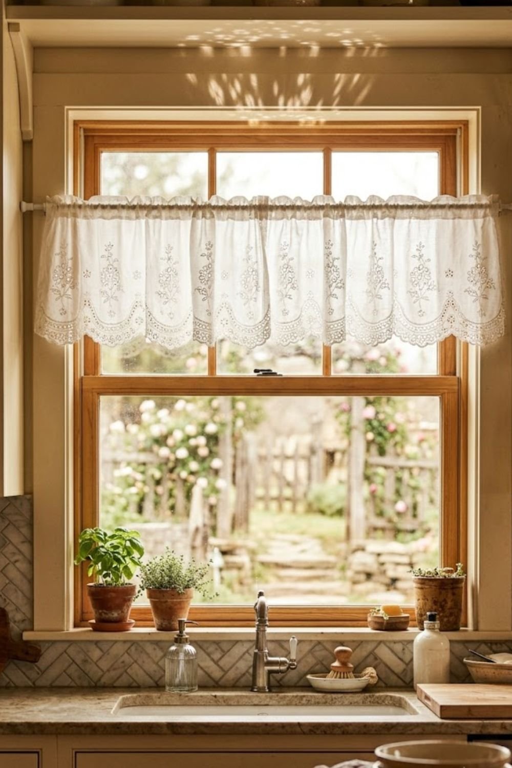 White lace valance on a kitchen window with natural light filtering through