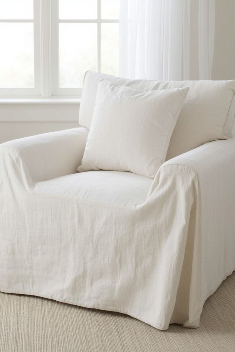White linen slipcover on an armchair near a bright window with sheer curtains