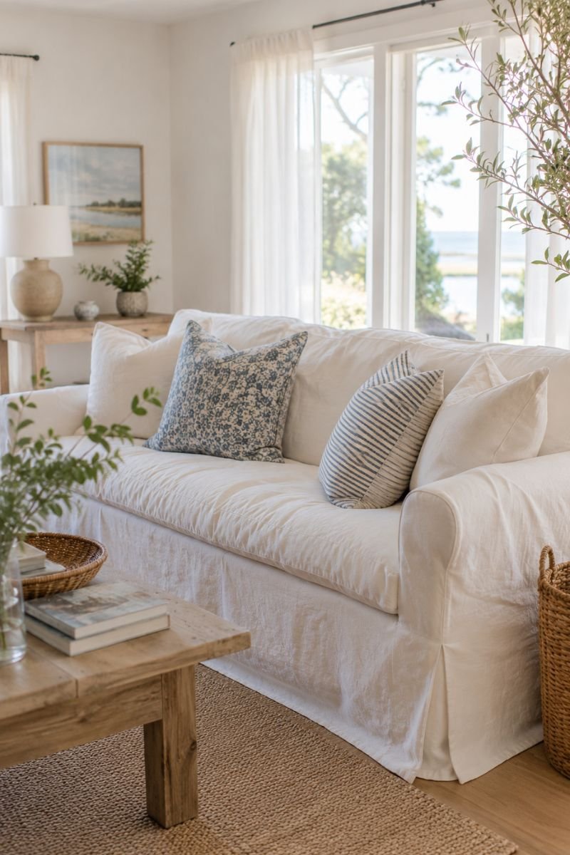 White linen slipcover on sofa in a cool breezy summer living room