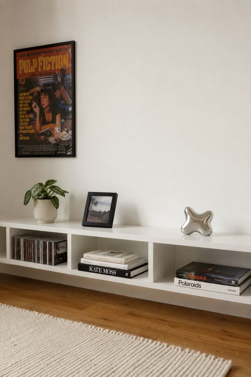 White low shelving with curated objects displayed in Y2K bedroom