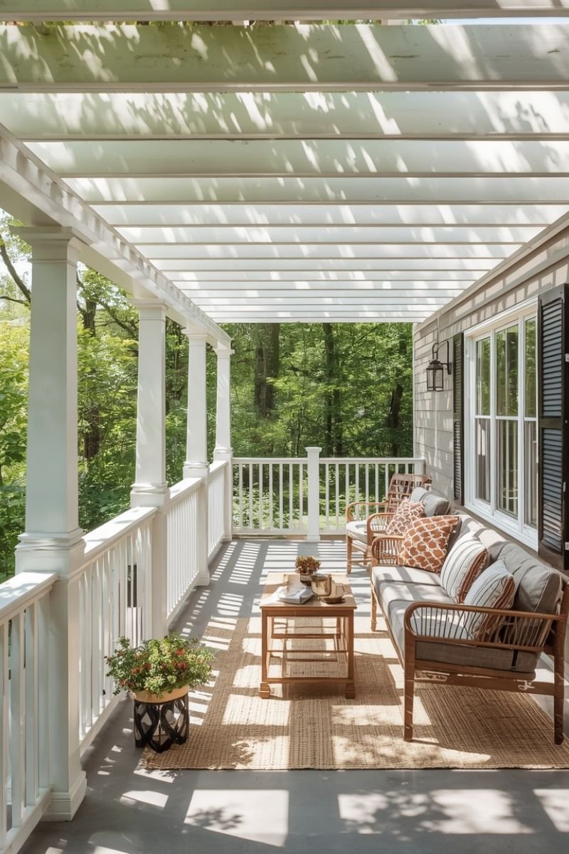 White pergola providing shade on a coastal summer porch