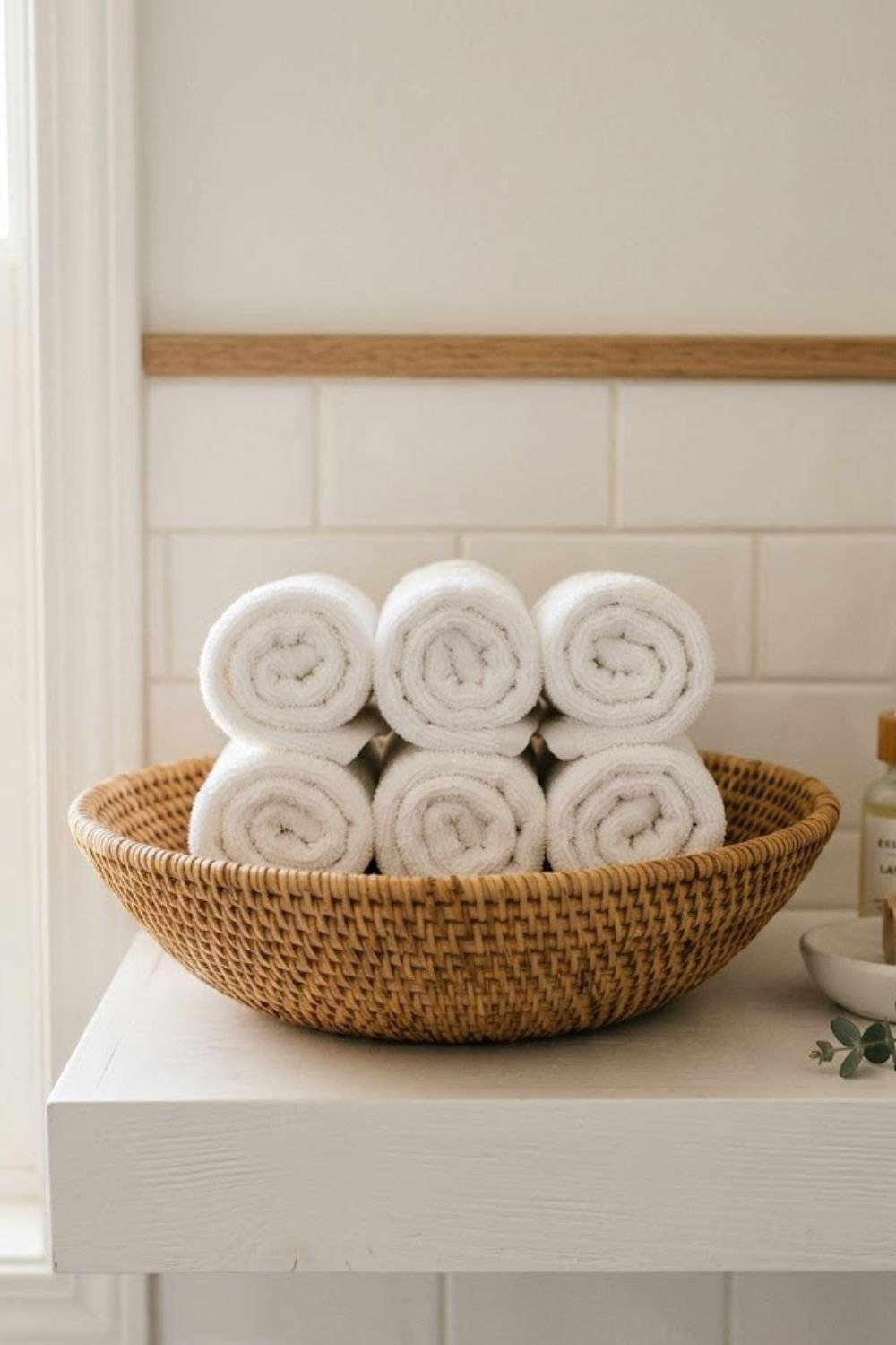 White rolled washcloths displayed in a wide rattan bowl on a bathroom shelf