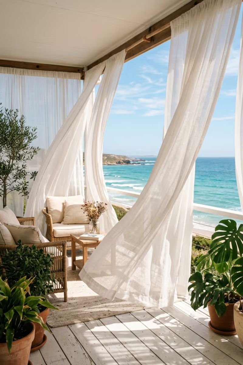 White sheer curtains flowing on a coastal porch in summer breeze