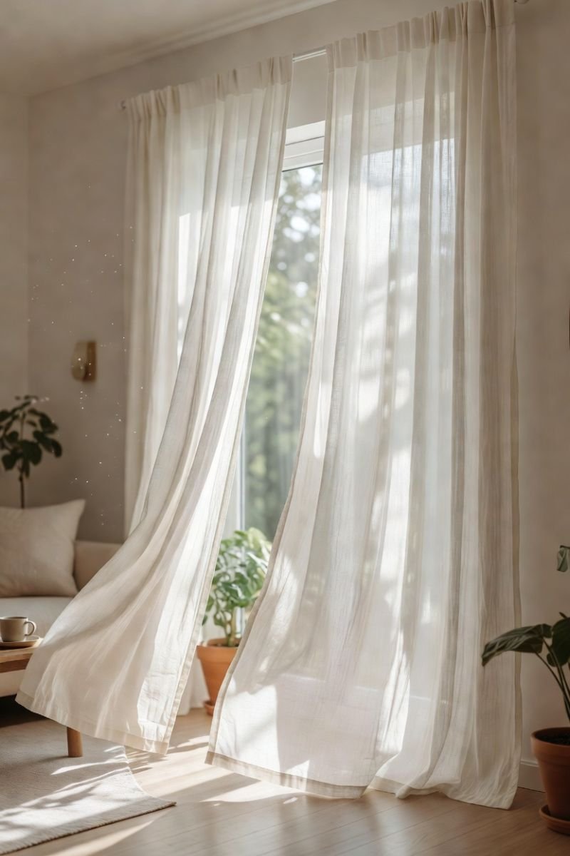 White sheer linen curtains on a bright living room window filtering summer light