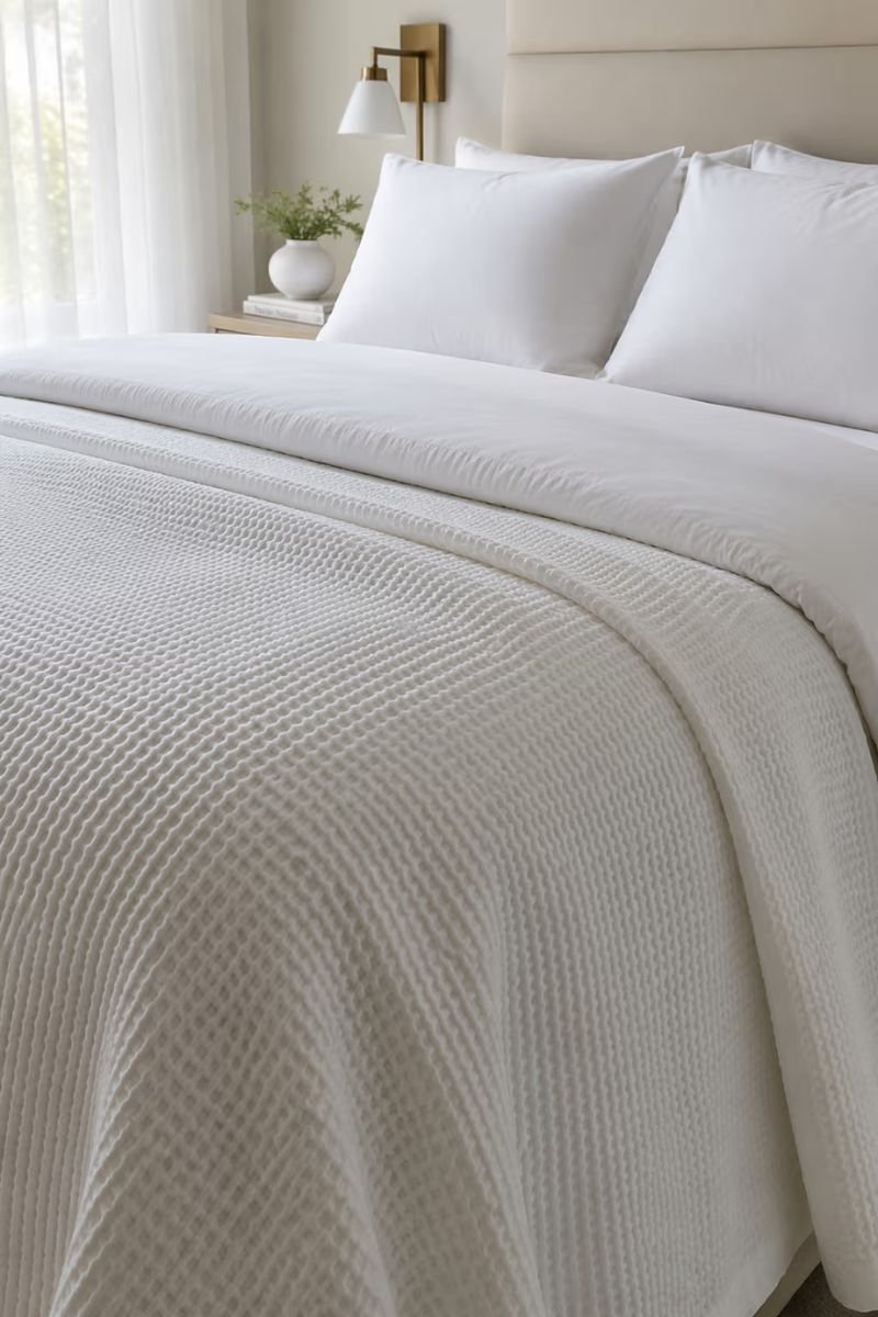 White waffle weave blanket on a luxury hotel style cozy bedroom bed