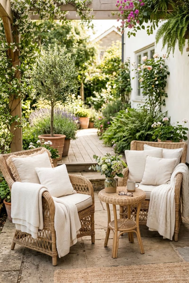 Wicker porch furniture with white and blue cushions for a coastal look
