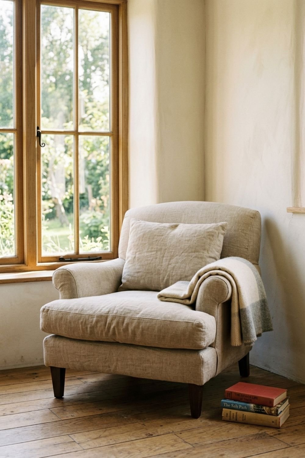 Wide linen armchair in a corner with a small stack of books beside it