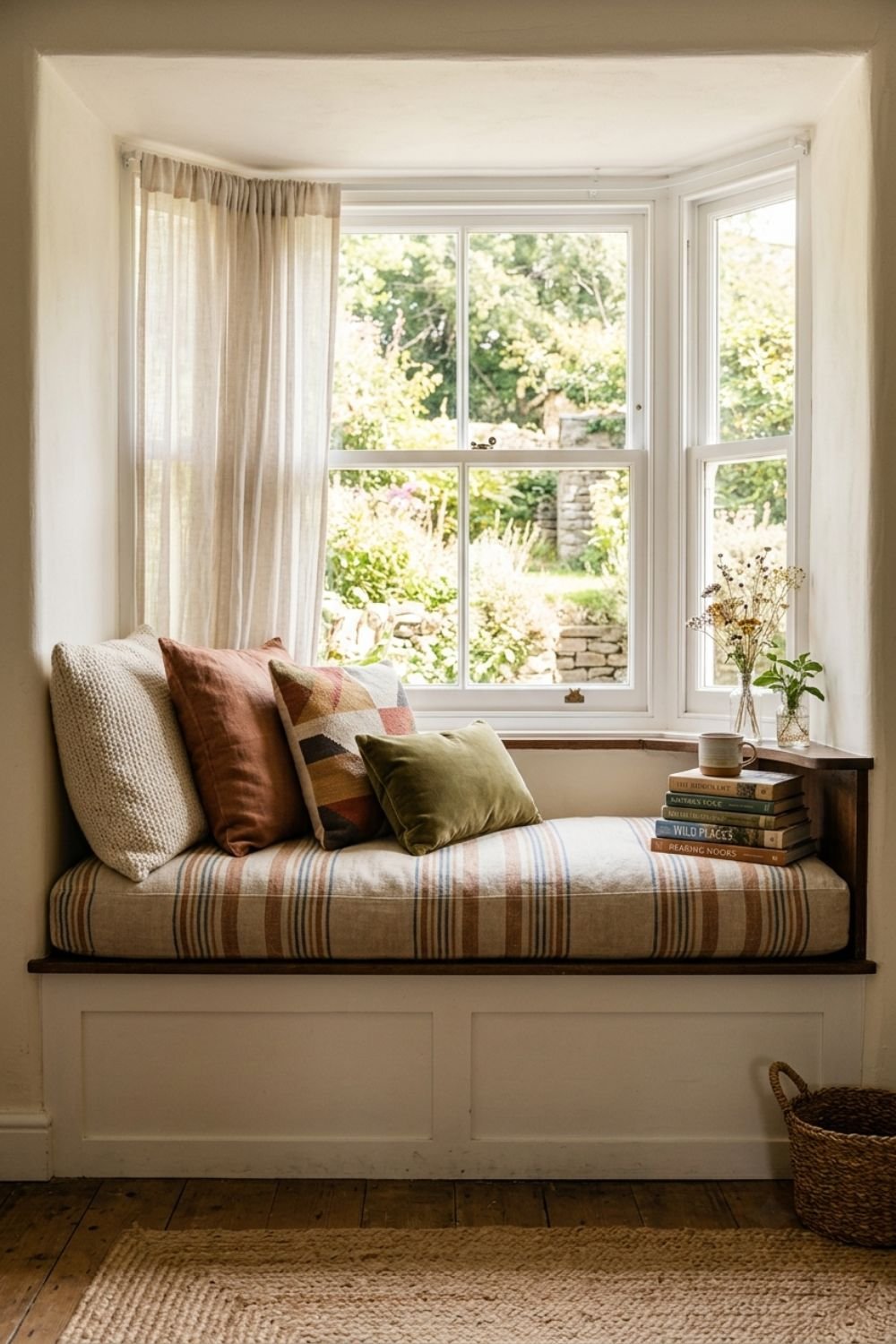 Window seat reading nook with thick cushion and throw pillows in natural light